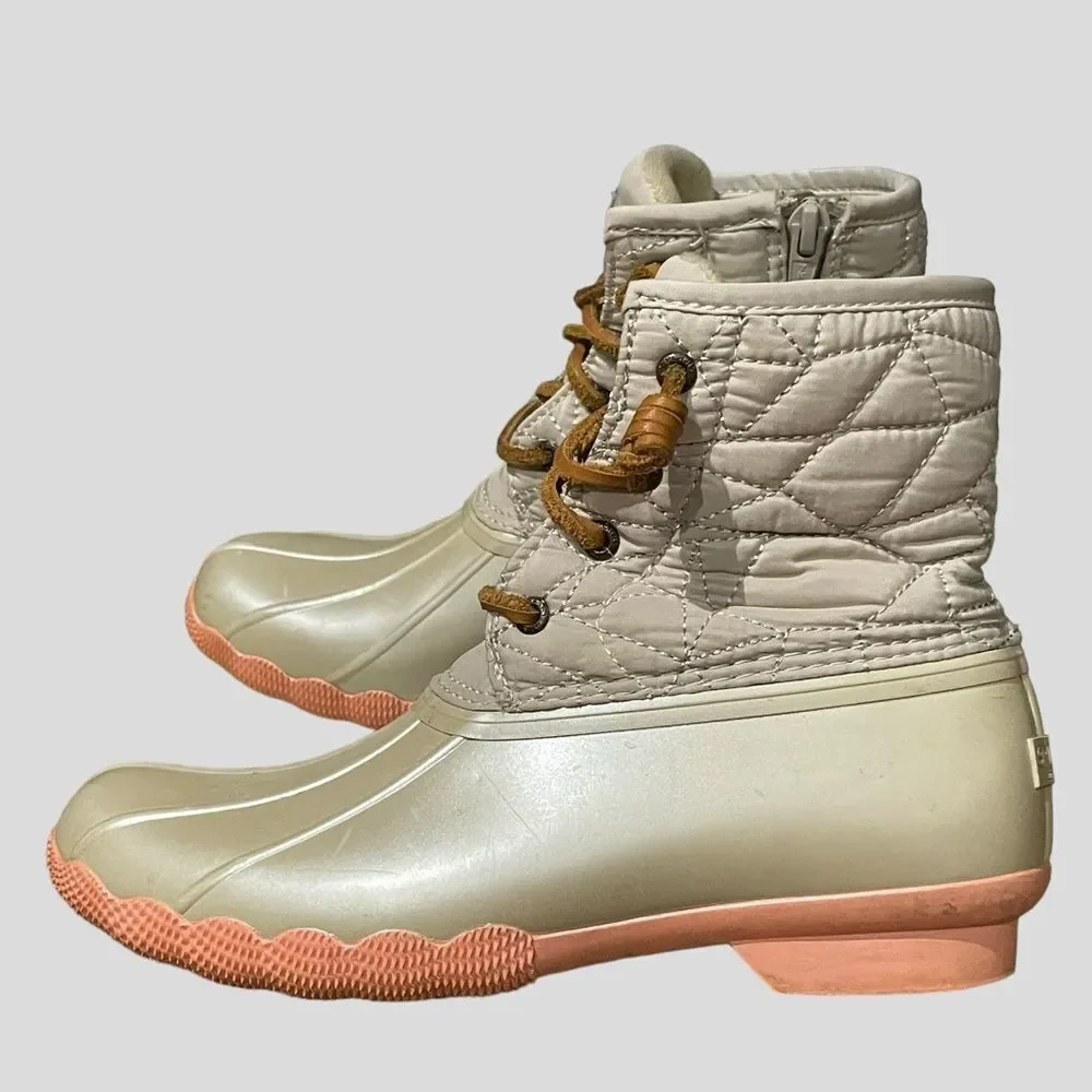 Sperry Saltwater Duck Boots Girls 4 Cream Peach Quilted Rain Snow Boots